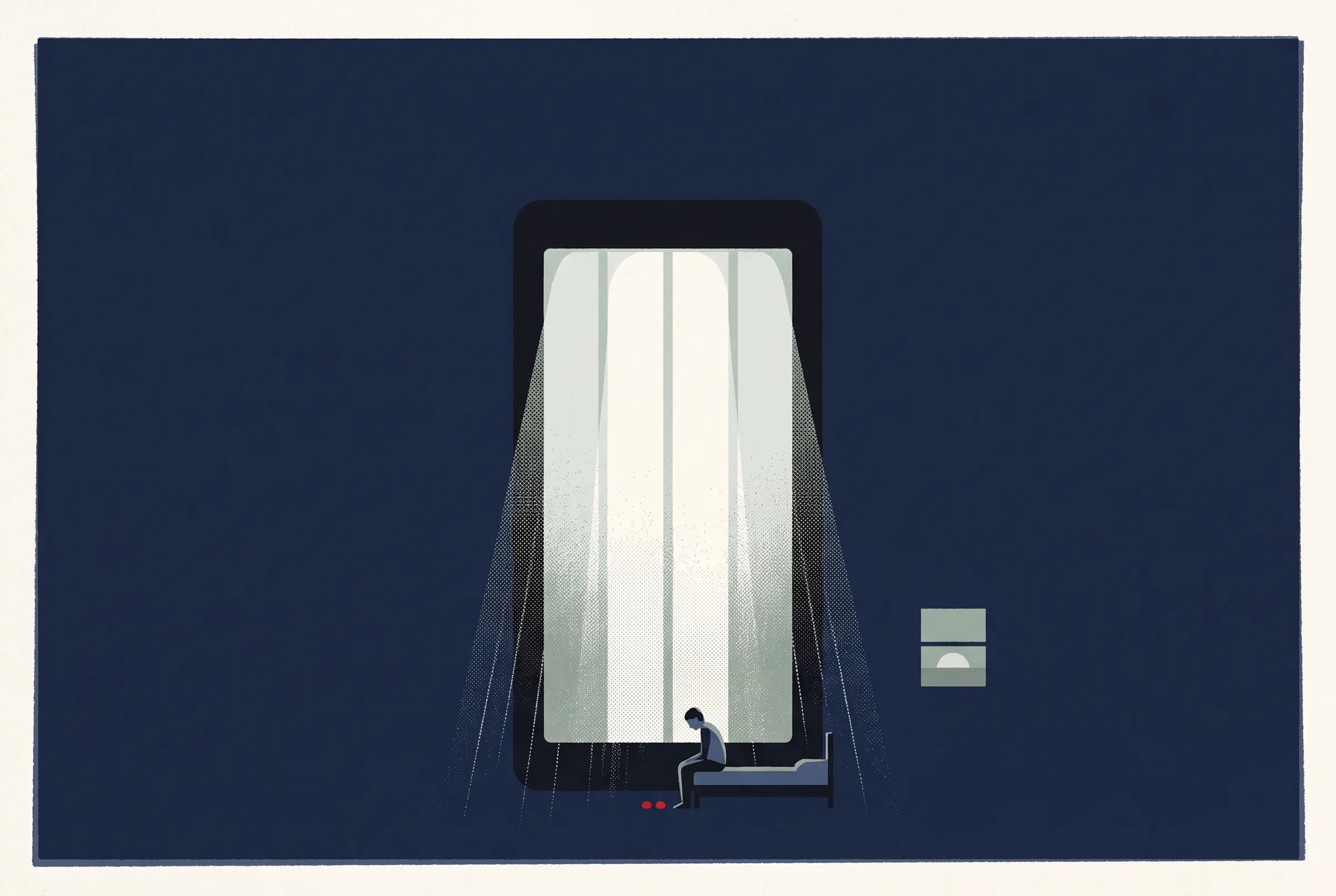 Ilustrasi jendela kapel berbentuk smartphone. Menyinari orang duduk di tepi tempat tidur.